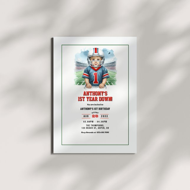 Invitación Fiesta de cumpleaños número 1 de fútbol americano  (First Year Down Football 1st Birthday Party Invitation)