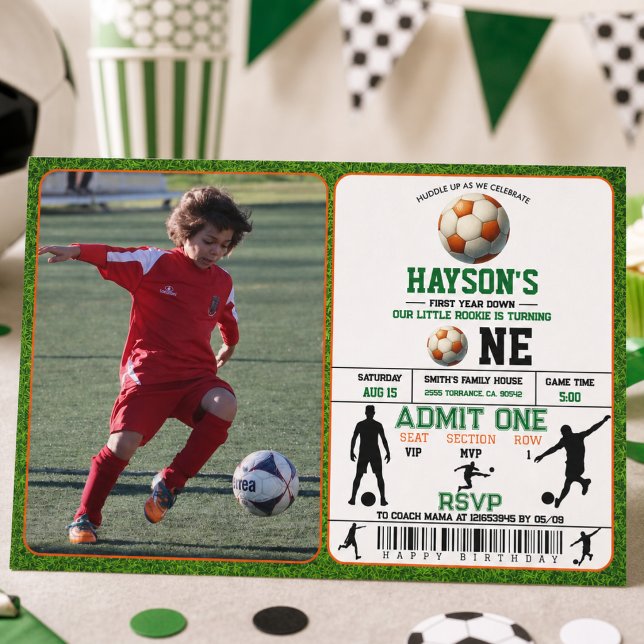 Invitación Fiesta de cumpleaños número 1 de fútbol primer año (Soccer First Year Down 1st Birthday Party Invitation)