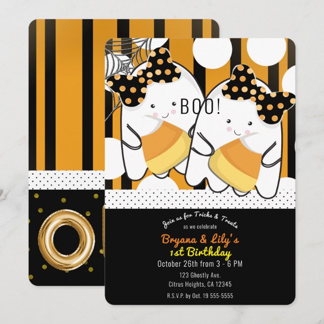 Invitación Fiesta de cumpleaños número 1 de gemelas fantasmas (Anverso / Reverso)