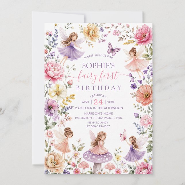 Invitación Fiesta de cumpleaños número 1 de hada de flor silv (Anverso)
