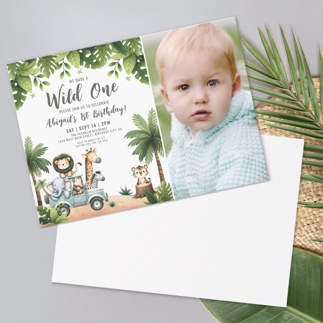 Invitación Fiesta de Cumpleaños número 1 de Jungle Safari Fot (Jungle Safari Photo Wild One 1st Birthday Party Invitation)