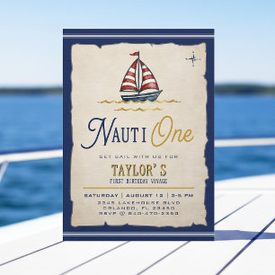 Invitación Fiesta de cumpleaños número 1 de Nauti One Sailboa