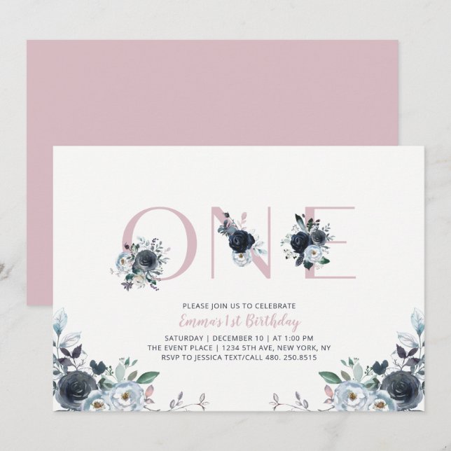 Invitación Fiesta de cumpleaños número 1 de niña con flores b (Anverso / Reverso)