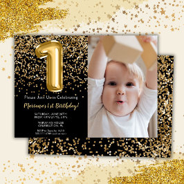 Invitación Fiesta de cumpleaños número 1 de niña en negro oro