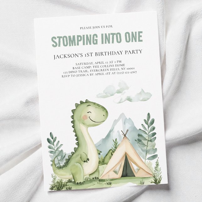 Invitación Fiesta de cumpleaños número 1 de niños dinosaurio  (Green Watercolor Dinosaur Boys 1st Birthday Party Invitation)