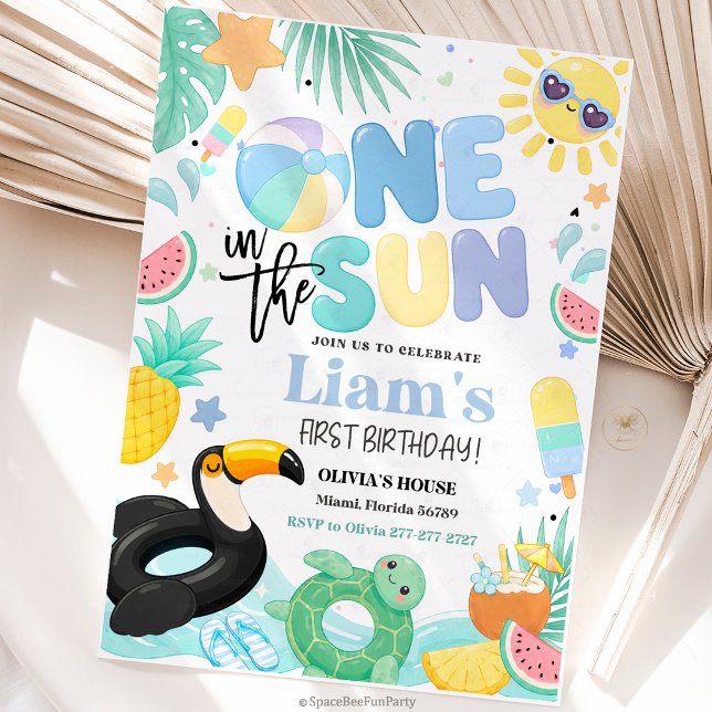 Invitación Fiesta de cumpleaños número 1 de One In The Sun (One in the Sun birthday invite, 1st birthday invitation, pool party invite, beach birthday invite, s)