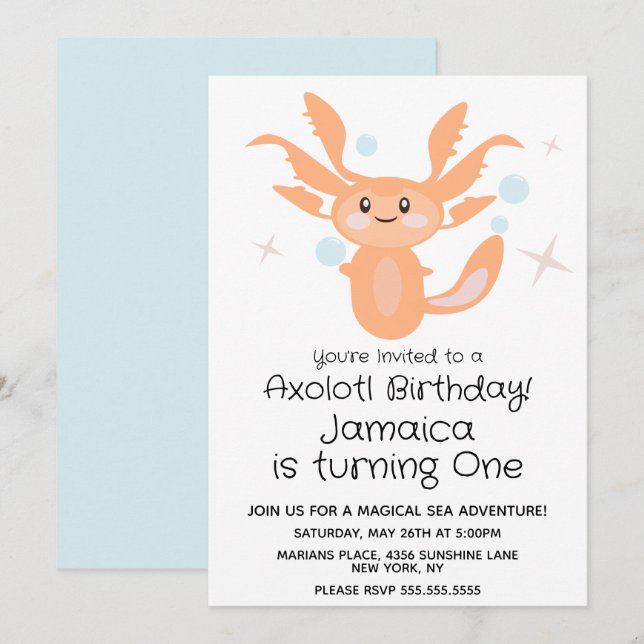 Invitación Fiesta de cumpleaños número 1 de Pastel Axolotl Cr (Anverso / Reverso)
