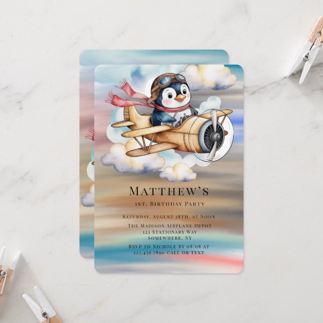 Invitación Fiesta de Cumpleaños número 1 de Penguin Boy con A (Anverso/Reverso In Situ)