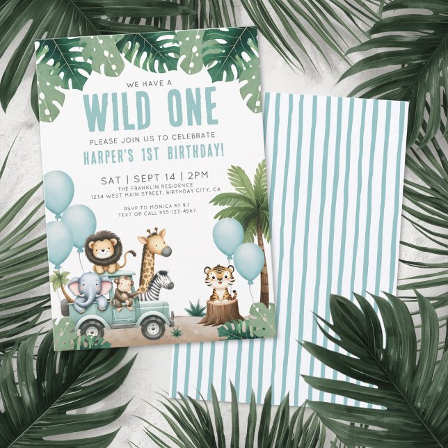 Invitación Fiesta de Cumpleaños número 1 de Wild One Jungle S (Wild One Jungle Safari 1st Birthday Party Invitation)