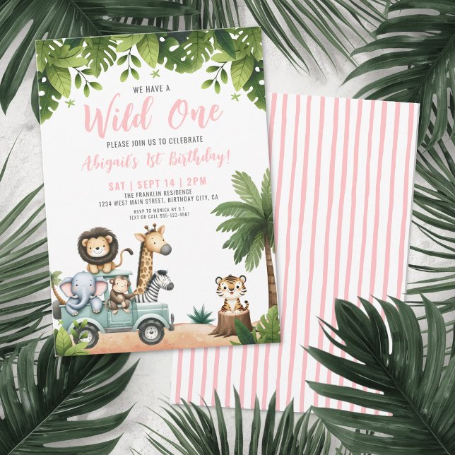 Invitación Fiesta de cumpleaños número 1 de Wild One Pink Saf (Wild One Pink Safari 1st Birthday Party Invitation)