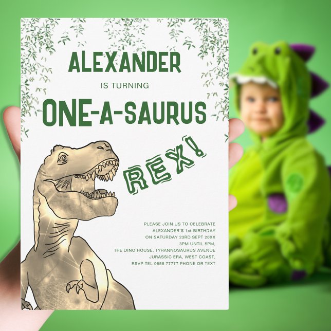 Invitación Fiesta de Cumpleaños número 1 del Dinosaurio One-A (One-a-saurus 1st dinosaur birthday party invitation with T-Rex and Jurassic jungle foliage)
