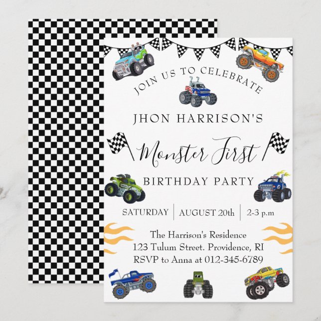 Invitación Fiesta de cumpleaños número 1 del niño con coche m (Anverso / Reverso)
