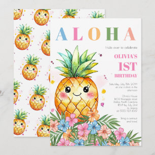 Invitación Fiesta de cumpleaños número 1 floral tropical piña