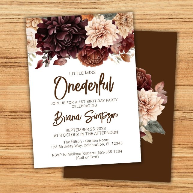 Invitación Fiesta de cumpleaños número 1 Flores marrones beig (Subido por el creador)