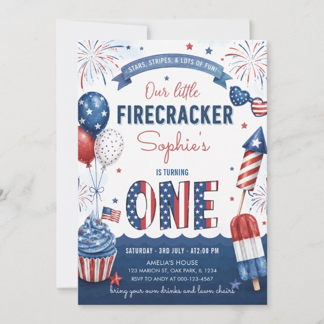 Invitación Fiesta de cumpleaños número 1 Little Firecracker 4 (Anverso)