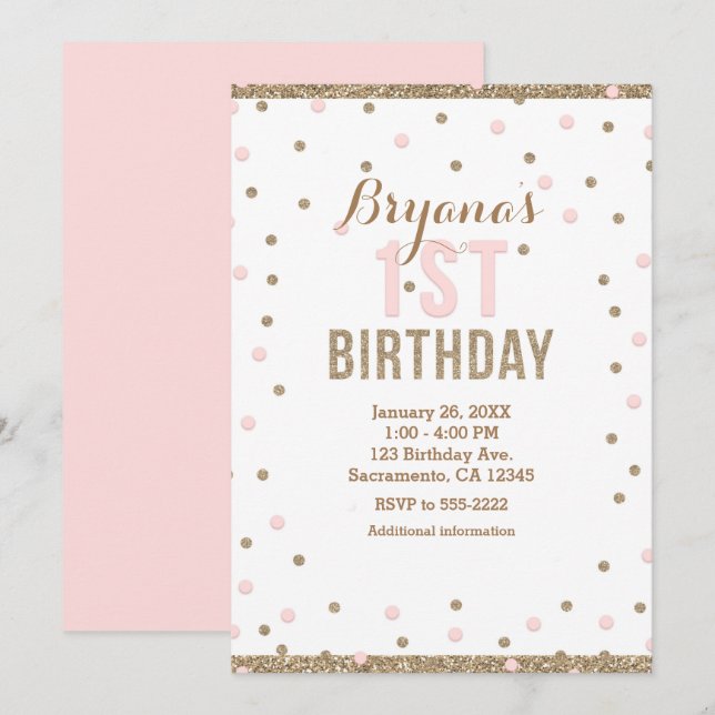 Invitación Fiesta de cumpleaños número 1 para niñas con confe (Anverso / Reverso)