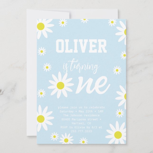 Invitación Fiesta de cumpleaños número 1 Pastel Blue Daisy Bo (Anverso)