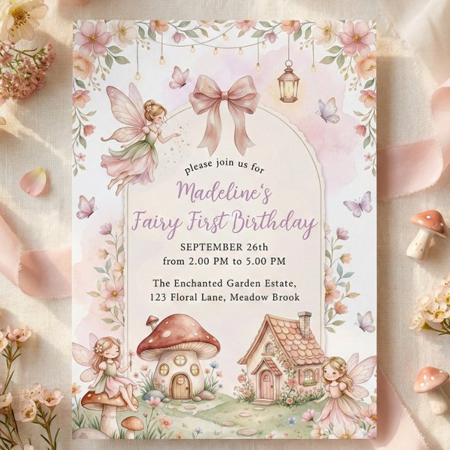 Invitación Fiesta de cumpleaños número 1 Pastel Hada Flor Sil (Pastel Wildflower Fairy First 1st Birthday Party Invitation)