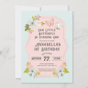 Invitación Fiesta de cumpleaños número 1 Pink Boho Butterfly 