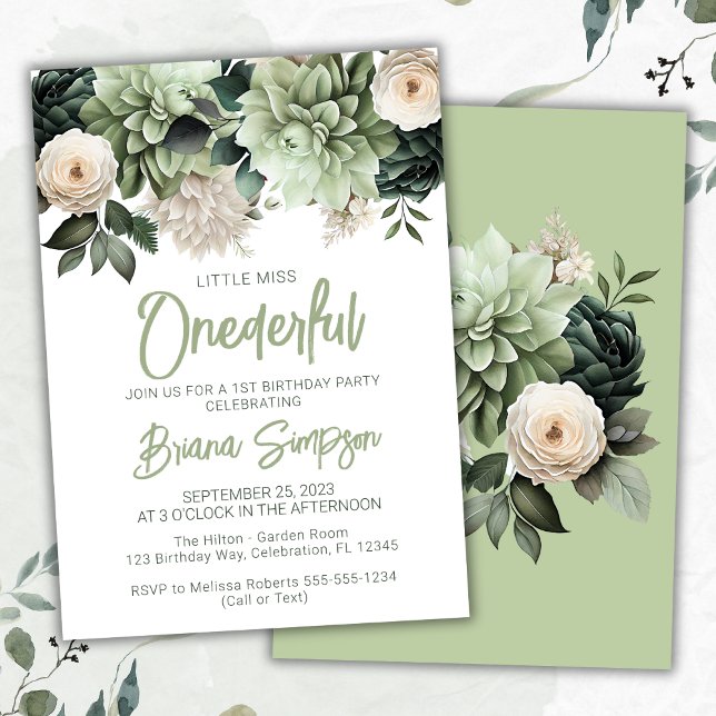 Invitación Fiesta de cumpleaños número 1 Sage Verde Floral (Subido por el creador)