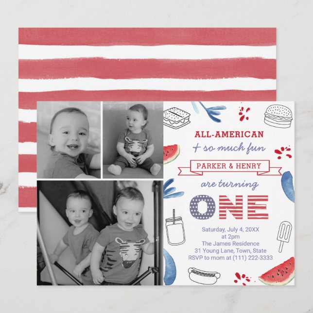 Invitación Fiesta de cumpleaños número 1 totalmente americana (Anverso / Reverso)