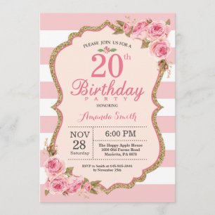 Invitación Fiesta de cumpleaños número 20 de Floral Pink Peon