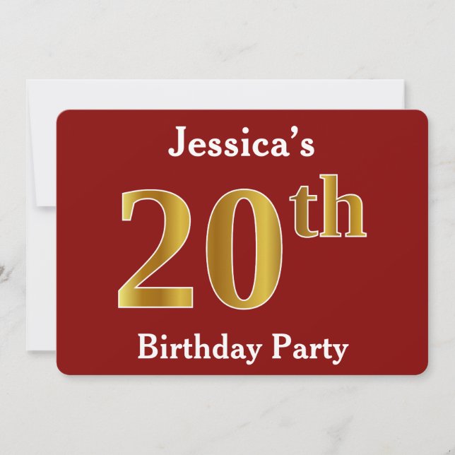 Invitación Fiesta de cumpleaños número 20 de rojo y dorado fa (Anverso)