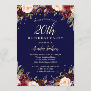Invitación Fiesta de cumpleaños número 20 elegante floral Bur