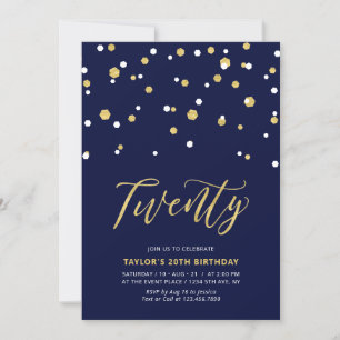 Invitación Fiesta de cumpleaños número 20 simple Navy & Gold