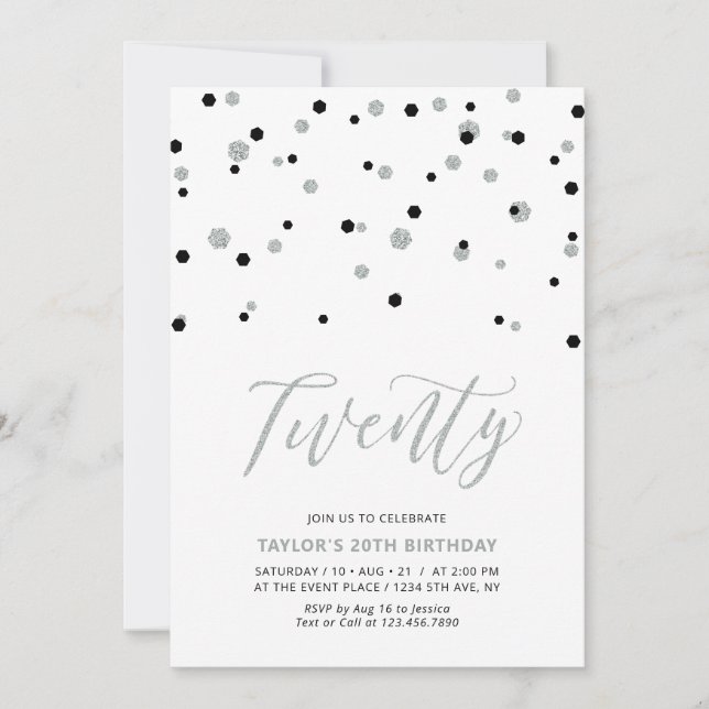 Invitación Fiesta de cumpleaños número 20 simple negro y plat (Anverso)
