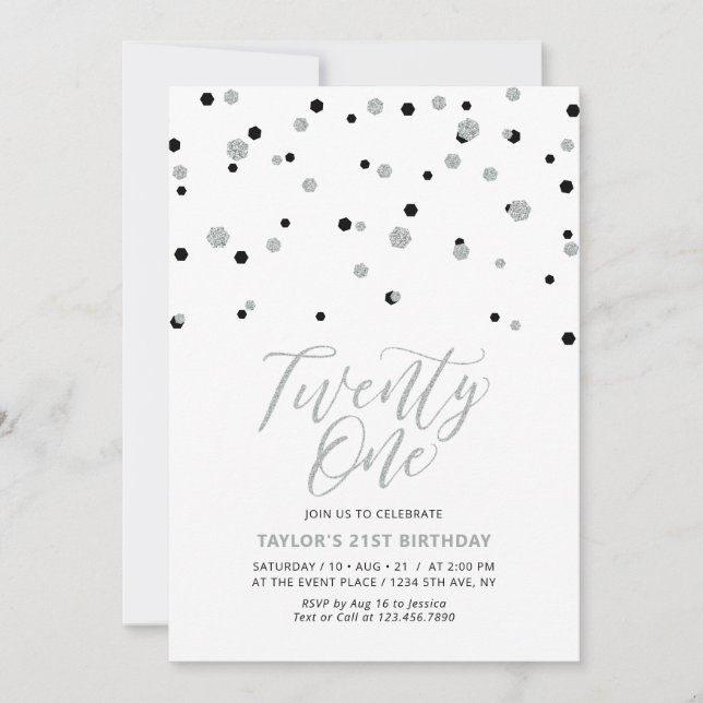 Invitación Fiesta de cumpleaños número 21, 21, negro y plata (Anverso)