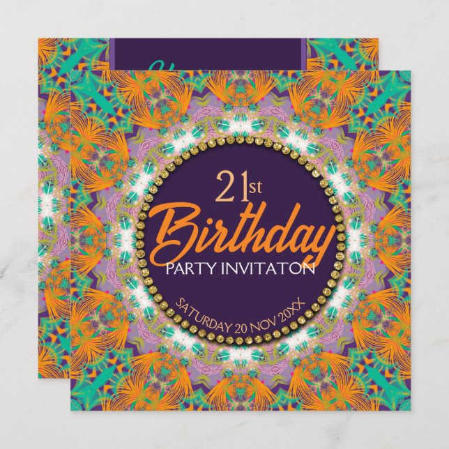 Invitación Fiesta de cumpleaños número 21 colorida de naranja (Anverso / Reverso)
