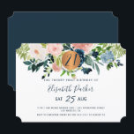 Invitación fiesta de cumpleaños número 21 con flores acuarela<br><div class="desc">Rosas desvanecidas, durazno, azul pastel y ramos de flores bohemias navales y un círculo falso de cobre dorado metálico brillante que hace una invitación de cumpleaños horizontal femenina glamorosa moderna para un hito importante en el vigésimo primer cumpleaños / cualquier edad con una tipografía de guión elegante y moderna totalmente...</div>