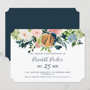 Invitación fiesta de cumpleaños número 21 con flores acuarela