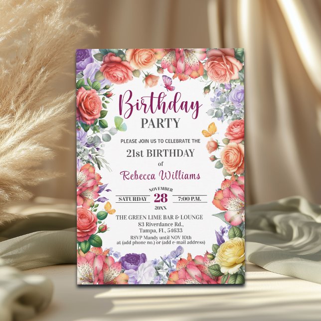 Invitación Fiesta de cumpleaños número 21 con flores elegante (Subido por el creador)