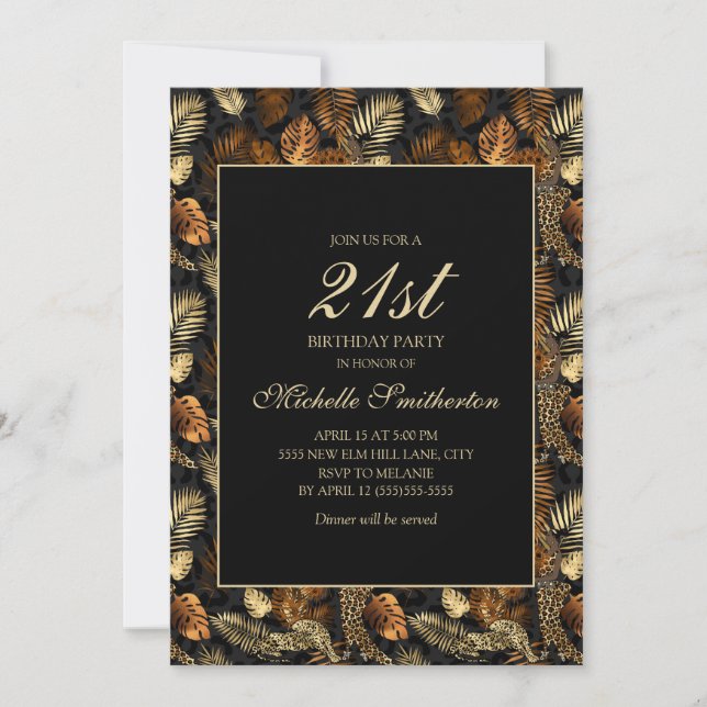 Invitación Fiesta de cumpleaños número 21 con hojas de bronce (Anverso)