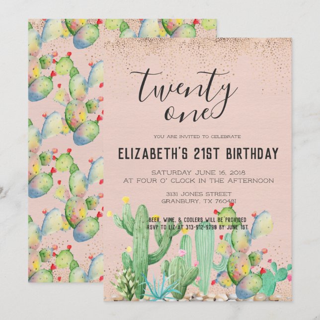 Invitación Fiesta de cumpleaños número 21 con tema de jardín  (Anverso / Reverso)