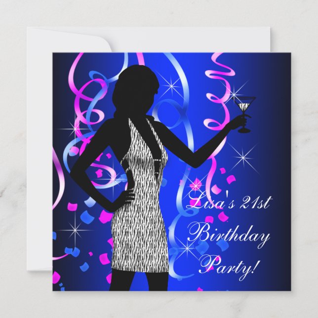 Invitación Fiesta de cumpleaños número 21 de Azul Real y Rosa (Anverso)