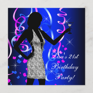 Invitación Fiesta de cumpleaños número 21 de Azul Real y Rosa