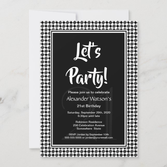 Invitación Fiesta de cumpleaños número 21 de Black White Bord (Anverso)