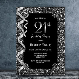 Invitación Fiesta de cumpleaños número 21 de Black White Sequ