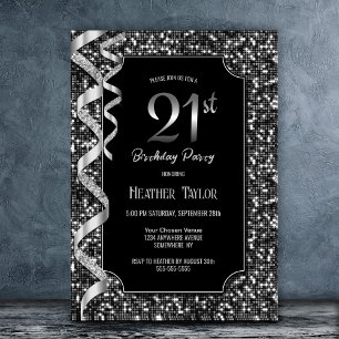 Invitación Fiesta de cumpleaños número 21 de Black White Sequ