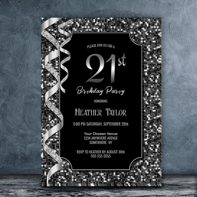 Invitación Fiesta de cumpleaños número 21 de Black White Sequ (Subido por el creador)