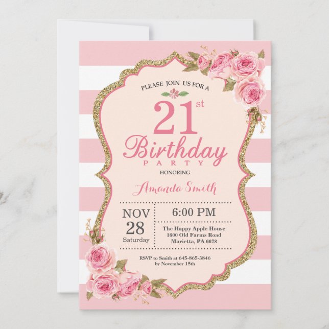 Invitación Fiesta de cumpleaños número 21 de Floral Pink Peon (Anverso)