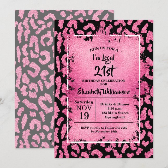 Invitación Fiesta de cumpleaños número 21 de Leopardo Rosa (Anverso / Reverso)
