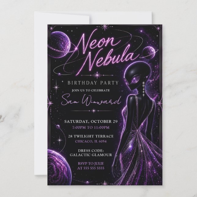 Invitación Fiesta de cumpleaños número 21 de Nebulosa de Neón (Anverso)