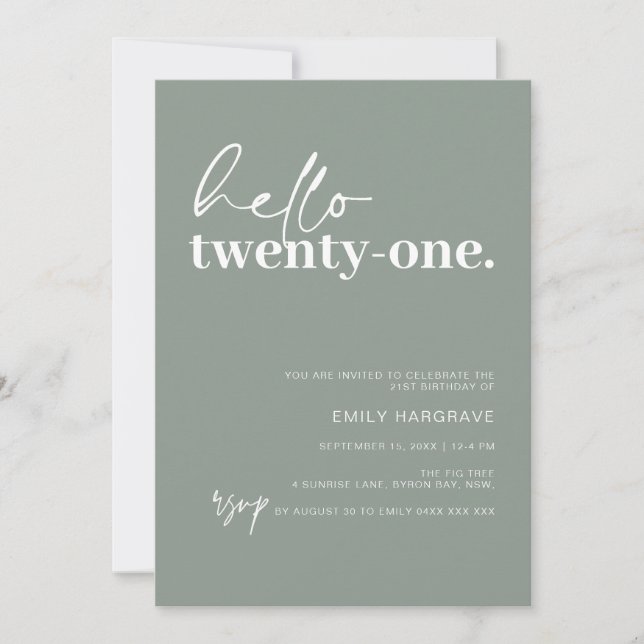 Invitación Fiesta de cumpleaños número 21 de Sage contemporán (Anverso)