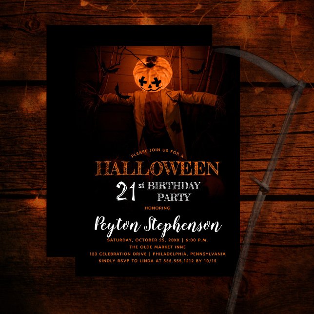 Invitación Fiesta de cumpleaños número 21 de Scary Pumpkin Ha (Creepy barn scene pumpkin scarecrow adult Halloween 21st Birthday Party Invitation)