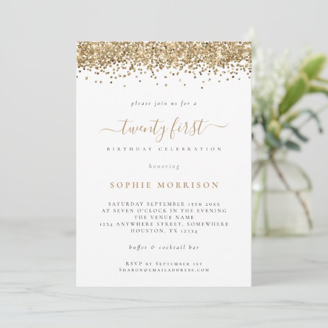 Invitación Fiesta de cumpleaños número 21 de Trendy Gold Purp (Anverso de pie)