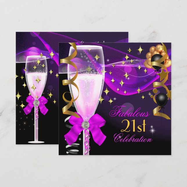 Invitación Fiesta de cumpleaños número 21 Fabuloso rosa púrpu (Anverso / Reverso)